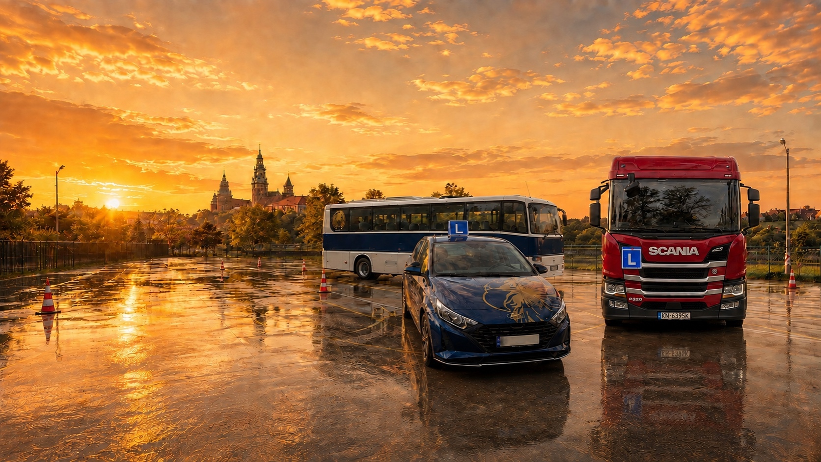 Czerwona Scania P320 ustawiona przodem, biało-granatowy autobus i samochód szkoleniowy OSK ORZEŁ na placu w Krakowie o złotym zachodzie słońca